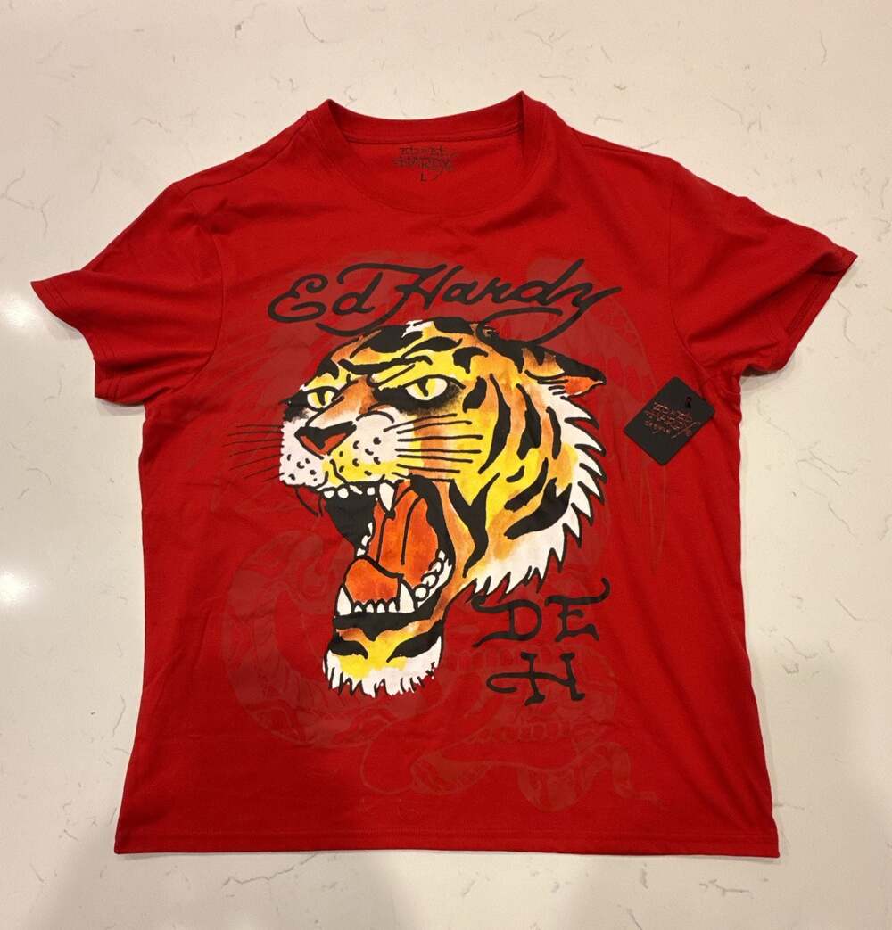 Ed Hardy Tiger Death Red T-Shirt Size L NWT